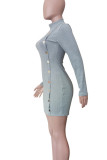 Black Casual Solid Color Buttons Patchwork Half A Turtleneck Wrapped Skirt Dresses