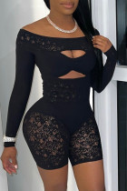 Black Sexy Solid Color Hollow Out Off Shoulder Skinny Rompers