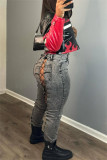 Red Casual Patchwork Zipper Collar Outerwear