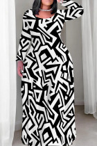 Black And White Casual Print Patchwork O Neck Straight Plus Size Dresses