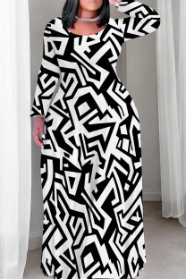 Black And White Casual Print Patchwork O Neck Straight Plus Size Dresses