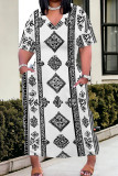 Black And White Casual Print Pocket Patchwork V Neck Straight Plus Size Dresses