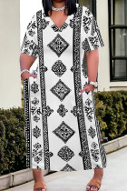 White Black Casual Print Pocket Patchwork V Neck Straight Plus Size Dresses