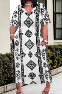 White Black Casual Print Pocket Patchwork V Neck Straight Plus Size Dresses
