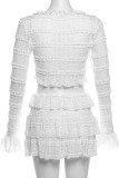 White Sexy Solid Color Patchwork Strap Design Ruffled Trim O Neck Long Sleeve Two Pieces