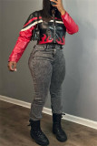 Red Casual Patchwork Zipper Collar Outerwear
