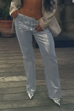 Sky Blue Casual Solid Color Pocket Buttons Patchwork Zipper Straight Mid Waist Straight Patchwork Bottoms