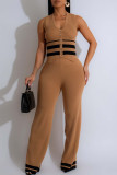 Coffee Casual Stripe Buckle Patchwork V Neck Sleeveless Two Pieces