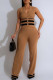 Coffee Casual Stripe Buckle Patchwork V Neck Sleeveless Two Pieces