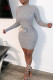 Grey Casual Solid Color Buttons Patchwork Half A Turtleneck Wrapped Skirt Dresses