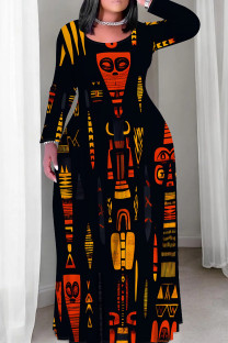 Red Yellow Casual Print Patchwork O Neck Straight Plus Size Dresses