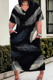 Black And White Casual Print Pocket Patchwork V Neck Straight Plus Size Dresses