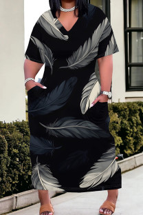 Black Gray Casual Print Pocket Patchwork V Neck Straight Plus Size Dresses