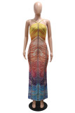 Yellow Sexy Print Backless Long Dresses