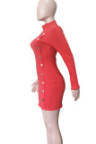 Black Casual Solid Color Buttons Patchwork Half A Turtleneck Wrapped Skirt Dresses