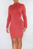 Black Casual Solid Color Buttons Patchwork Half A Turtleneck Wrapped Skirt Dresses