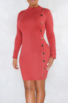 Red Casual Solid Color Buttons Patchwork Half A Turtleneck Wrapped Skirt Dresses