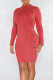 Red Casual Solid Color Buttons Patchwork Half A Turtleneck Wrapped Skirt Dresses