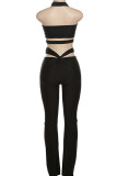 Light Gray Sexy Solid Color Hollow Out Patchwork Backless Halter Sleeveless Two Pieces