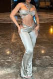 Light Gray Sexy Solid Color Hollow Out Patchwork Backless Halter Sleeveless Two Pieces