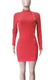 Black Casual Solid Color Buttons Patchwork Half A Turtleneck Wrapped Skirt Dresses