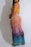 Yellow Sexy Print Backless Long Dresses