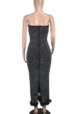 Black Sexy Patchwork Backless High Slit Zipper Feather Hemline Strapless Long Dresses