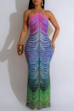 Yellow Sexy Print Backless Long Dresses