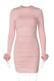 White Sexy Solid Color Patchwork Flower Shape O Neck Wrapped Skirt Dresses