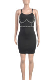 Black Sexy Solid Color Patchwork Backless Beading Spaghetti Strap Sling Dresses