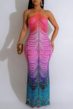 Yellow Sexy Print Backless Long Dresses