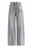 Sky Blue Casual Solid Color Pocket Buttons Patchwork Zipper Straight Mid Waist Straight Patchwork Bottoms