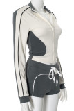 Apricot Casual Draw String Patchwork Zipper Zipper Collar Long Sleeve Two Pieces