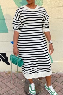 White Casual Striped Print Basic O Neck Long Sleeve Plus Size Dresses