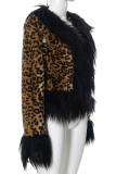 Leopard Print Street Leopard Print Patchwork Fluffy Cardigan Collar Outerwear