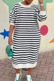 White Casual Striped Print Basic O Neck Long Sleeve Plus Size Dresses