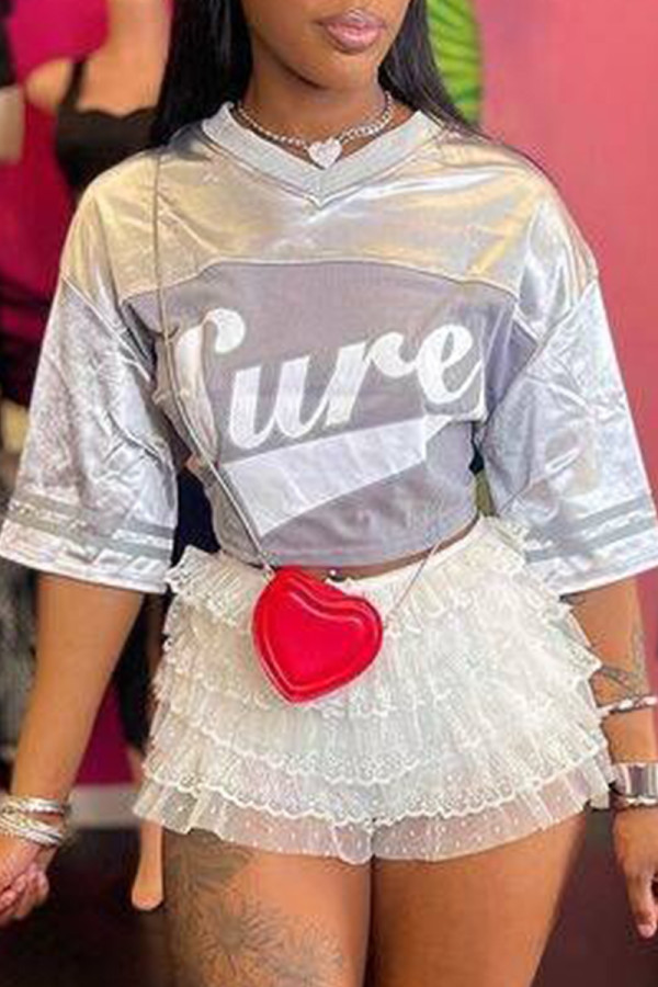 Light Gray Casual Letter Print Patchwork V Neck T-Shirts