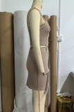 Light Coffee Sexy Solid Color Buttons Patchwork Spaghetti Strap Sleeveless Two Pieces
