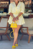 Light Yellow Casual Stripe Turndown Collar Long Sleeve Two Pieces