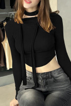 Black Casual Solid Color Patchwork O Neck Tops