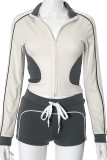 Apricot Casual Draw String Patchwork Zipper Zipper Collar Long Sleeve Two Pieces