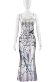 Grey Elegant Print Patchwork Backless Spaghetti Strap Sling Dresses
