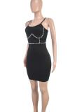 Black Sexy Solid Color Patchwork Backless Beading Spaghetti Strap Sling Dresses