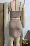 Light Coffee Sexy Solid Color Buttons Patchwork Spaghetti Strap Sleeveless Two Pieces