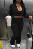 Black Casual Solid Color Patchwork Zipper Zipper Collar Long Sleeve Two Pieces