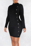 Black Casual Solid Color Buttons Patchwork Half A Turtleneck Wrapped Skirt Dresses
