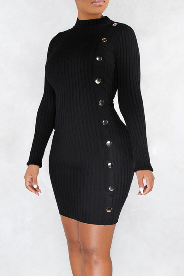 Black Casual Solid Color Buttons Patchwork Half A Turtleneck Wrapped Skirt Dresses