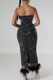 Black Sexy Patchwork Backless High Slit Zipper Feather Hemline Strapless Long Dresses