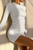 White Sexy Solid Color Patchwork Flower Shape O Neck Wrapped Skirt Dresses