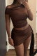 Dark Brown Casual Solid Color Ruched Oblique Collar Sleeveless Two Pieces